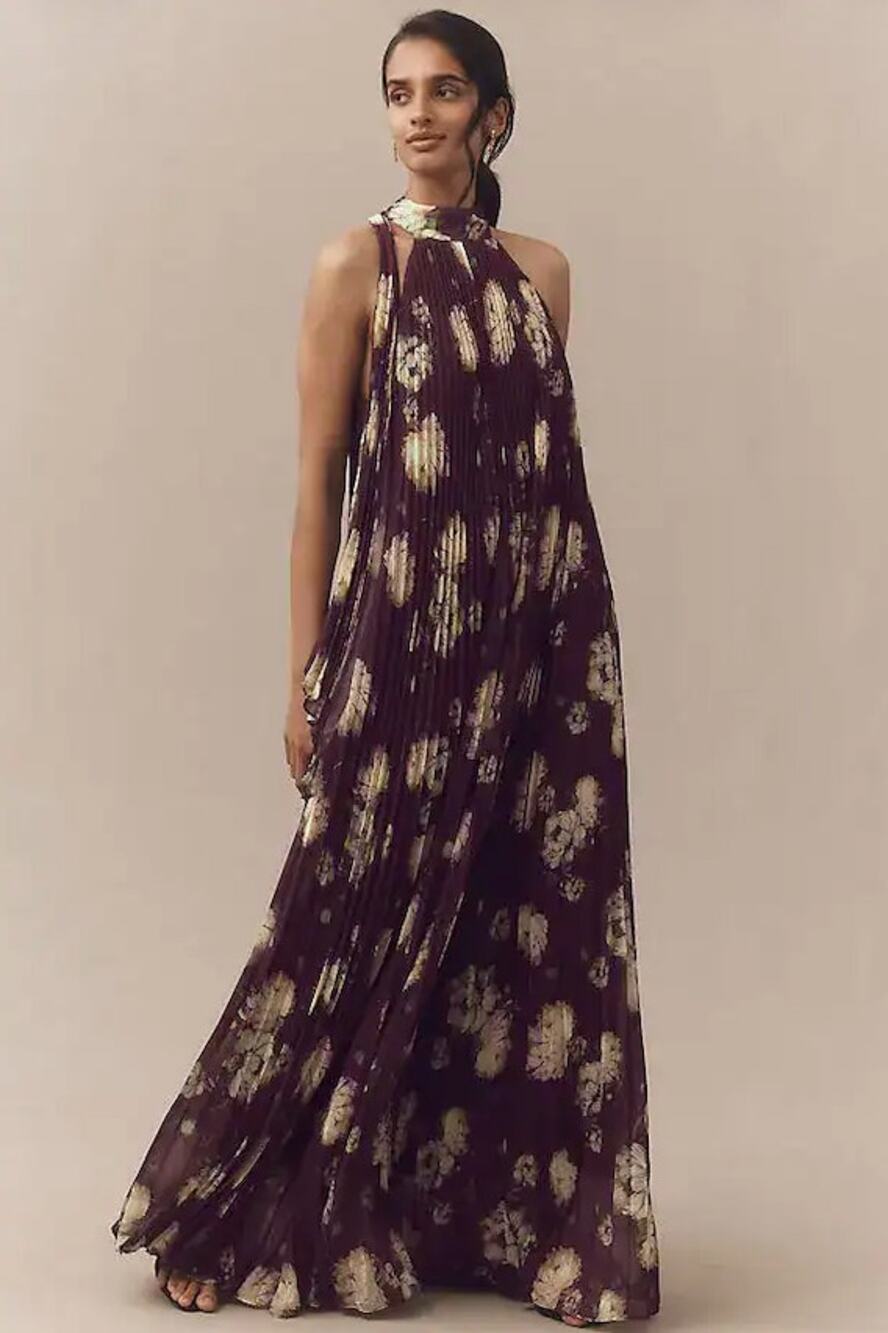 BHLDN Rosie Mock-Neck Pleated Chiffon Maxi Dress - Burgundy Size US M